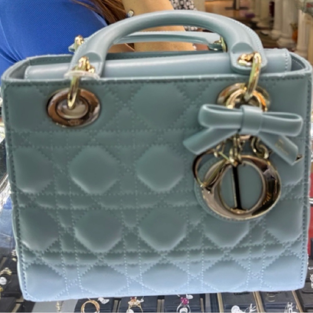 Dior Powder Blue Quilted Top-Handle Satchel with Gold Hardware brand new
